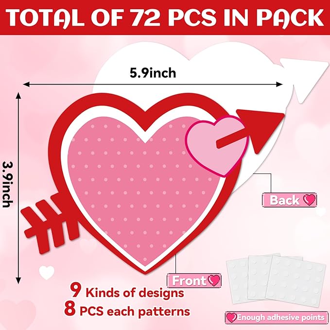 72pcs Valentine's Day Bulletin Board Decorations Valentines Day Party Decor 5.9 x 3.9 Inch Paper Hearts Cutouts for Themes Bulletin Board Classroom School Wedding Anniversary Party Supplies 9 Designs