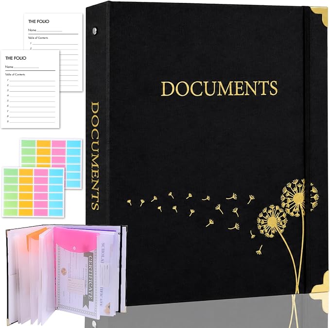 XKDOUS Aesthetic Document Organizer 3 Ring Emergency Binder Linen Folio Folders with 9 Pockets Expanding File Storage Holder for Important Papers, Letters, Passports, Photos