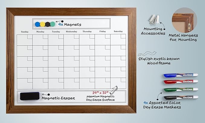 Large Magnetic Dry Erase Whiteboard Calendar with Real Wooden Frame, Large 24" x 30" Size, Wall Mount, Includes 4 Assorted Color Markers, Eraser and 4 Magnets, by Better Office Products (Rustic Brown)