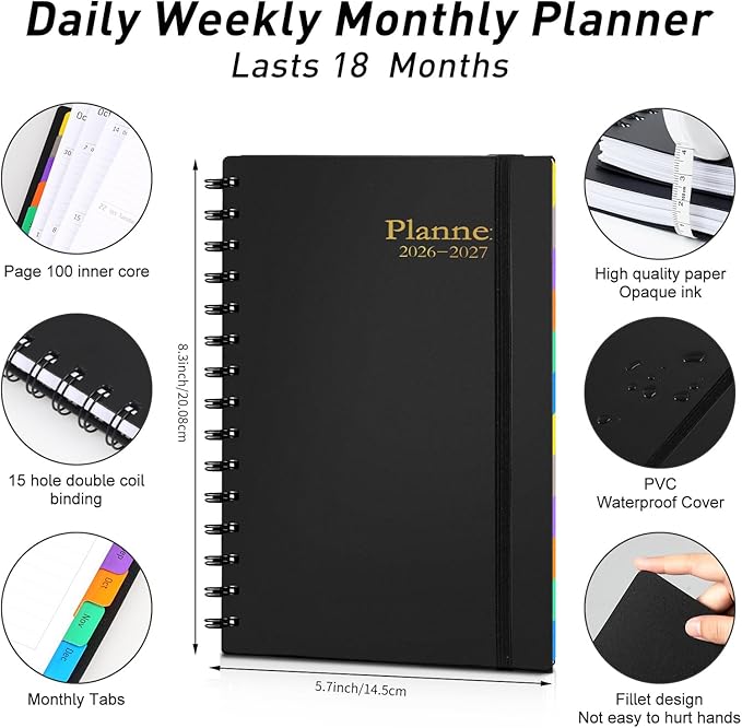 2026 Weekly and Monthly Planner Calendar - from January 2026 - June 2027, 5.7" x 8.3" Daily Agenda Planner with 18 Monthly Laminated Tabs, Flexible Cover, Note Pages, Bookmark, Wirebound, Black