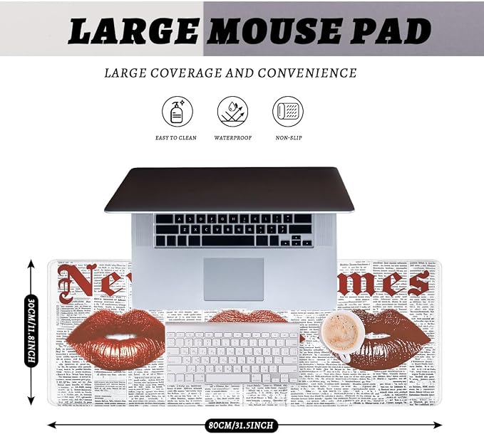 Vintage Lips Desk Pad Mouse Pad Red Kiss Retro Newspaper Mousepad Large Mousepad Extended Laptop Keyboard Mat Gaming Desk Pad Mouse Mat Office Computer Keyboard Laptop Home 31.5"x11.8"