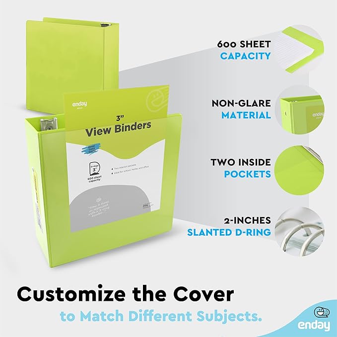 3 Inch Binder 3 Ring Binders Green, Slant D-Ring 3” Clear View Cover with 2 Inside Pockets, Heavy Duty Colored School Supplies Office and Home Binders – by Enday