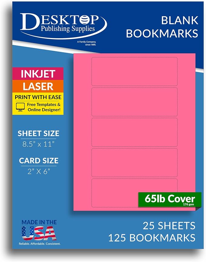 Printable Bookmarks - Blank Bookmark Printing Paper for Inkjet & Laser Printers - 2" x 6" Perforated Bookmarks 5 per Page - 25 Sheets / 125 Book Marks (Rose Pink)
