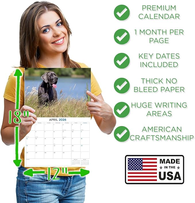 2025 2026 Great Dane Calendar - Dog Breed Monthly Wall Calendar - 12" x 18" Open - Thick No-Bleed Paper - Giftable - Academic Teacher's Planner Calendar Organizing & Planning - Made in USA