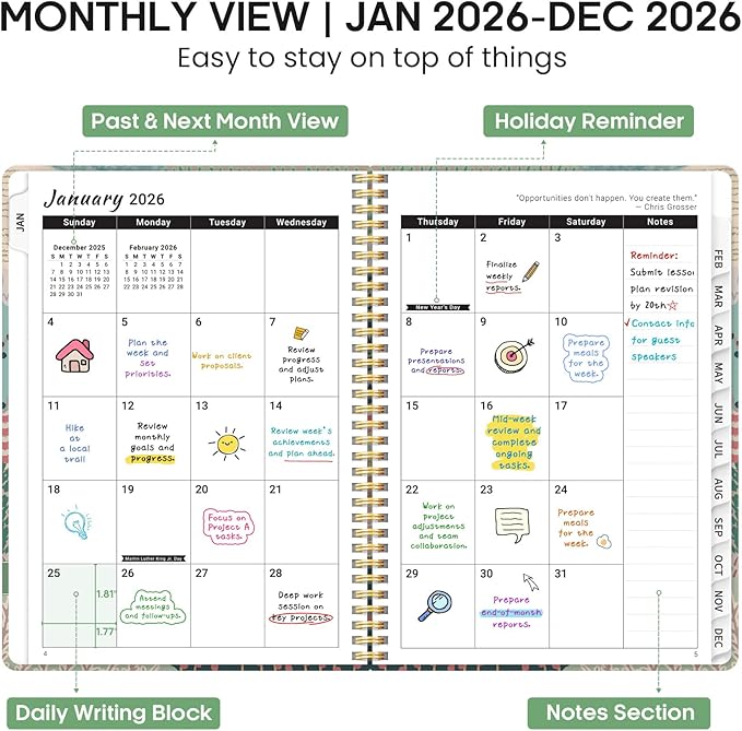 2026 Planner, Weekly and Monthly Calendar Planner Book, January 2026 - December 2026, Hardcover Spiral Planner with Monthly Tabs, Notes Pages, Perfect for Women & Men, A4 (8.5" x 11") - Patchwork