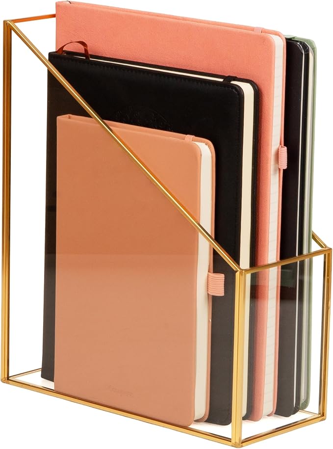 Mind Reader Vertical Glass File Holder with Copper Trim, Angled Magazine Organizer for Documents, Folders & Mail, Glass and Copper, Clear