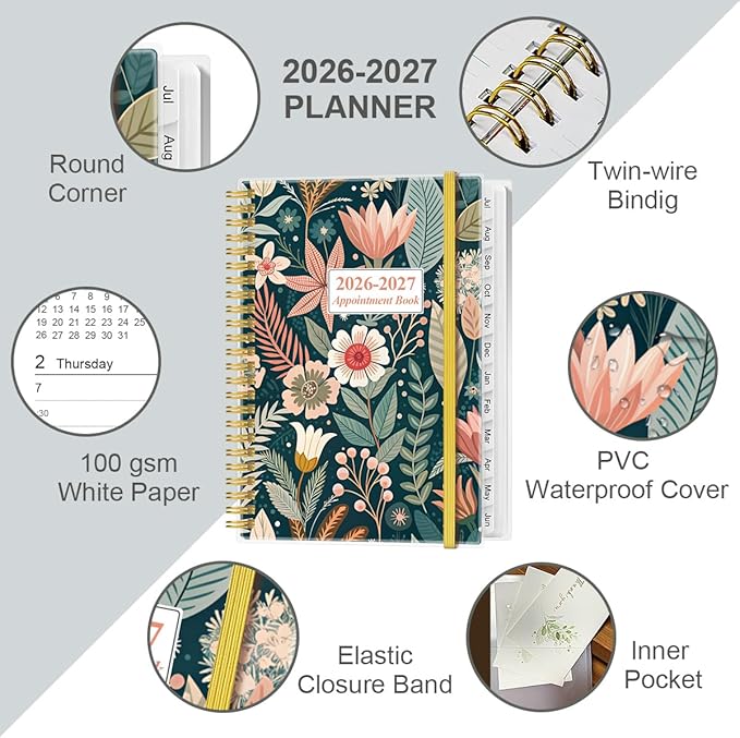 2026-2027 Appointment Book & Planner - 2026-2027 Daily Hourly Planner from July 2026 - June 2027, Weekly Appointment Book with 30-Minute Interval, Medium 6.4" x 8.5", Flower-B