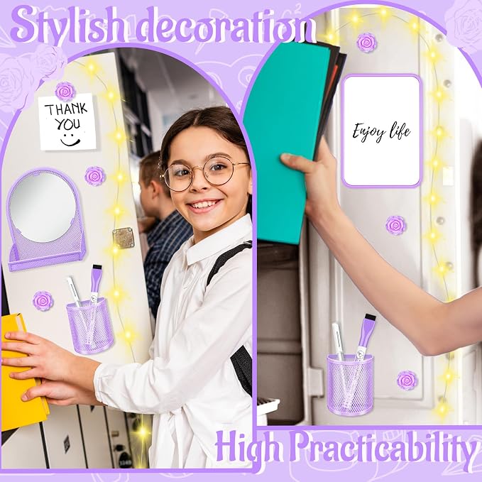 8 Pcs Locker Accessories for Girls with Purple Magnetic Mirror, Magnetic Pen Holders, Cute Flower Magnets, Cute Locker Decor Backing for Girls in Middle School Locker Stuff for Girls