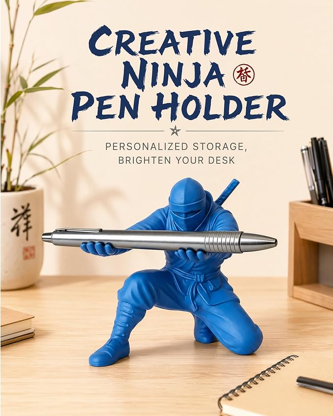 Ninja Pen Holder, 3D Printed Single Pencil Holder Display Stand, Cool Desk Organizers and Decor for Men, Birthday Gift, Father's Day, Office, Home (Blue)