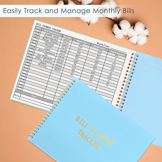 HAUTOCO Bill Tracker Notebook Monthly Bill Payment Tracker for Personal Budgeting Home Financial with 2 Storage Pocket, Payments Checklist Organizer Bill Planner 10.1 x 7.8'', Sky Blue