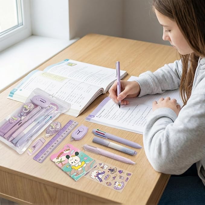 10 Pcs Cute Purple Kawaii Stationery Set - Cartoon Themed School Supplies Pack, Including Notebooks,Highlighters, Correction Tape, Ballpoint Pen. Suitable for Daily Study, Birthday and Party Favors.