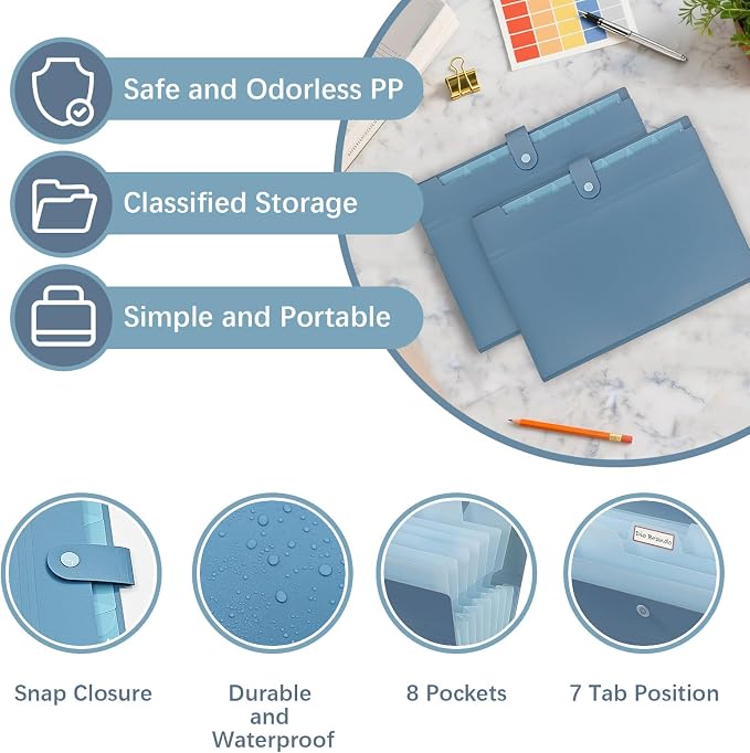 2Pack Accordion File Organizer Expanding File Folder with 8 Pockets, Bulk Letter Size Portable Paper Document Organizer for Office Home Business Supplies