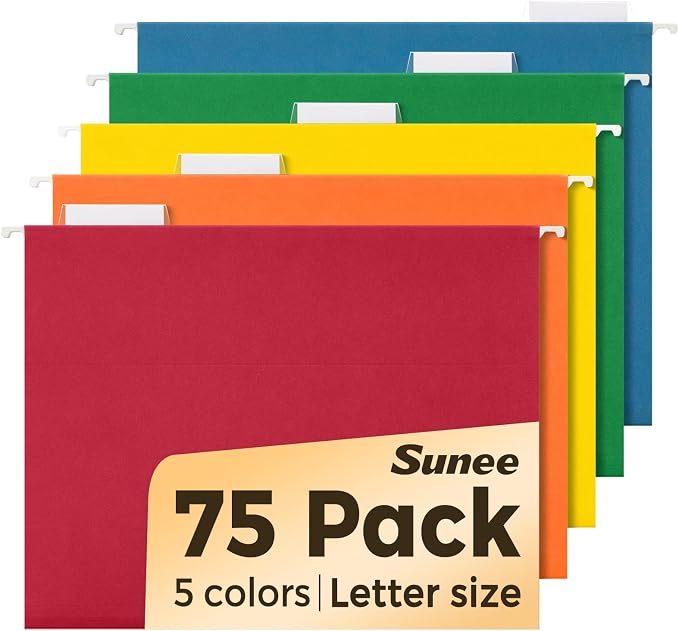 SUNEE Hanging File Folders, Assorted Colors - 75 Pack, Colored File Folders Letter Size with 1/5-Cut Tabs, Ideal for Organizing Home and Office Documents