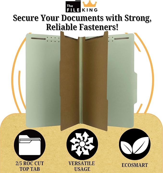 The File King Pressboard Classification Pale Green Partition File Folder | Legal Size - Box of 10 | Two Dividers | Six 2” Durable Fastener Prongs | 2/5 Cut Top Tab | 2” Expansion
