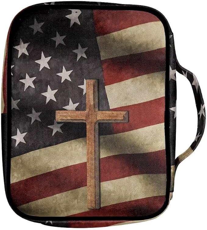 Coldinair American Flag Cross Bible Cover for Men and Women Bible Case Bible Carrier Carrying Organizer Purse Handbag with Zipper Pockets Church Bag