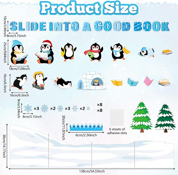 Winter Penguin Reading Bulletin Board Set Winter Christmas Library Classroom Decorations Books Snowflake Paper Cutout Blue Bulletin Board Border for Xmas Holiday School Wall Decor Teacher Supplies