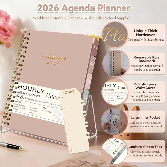 Large 2026-2027 Academic Planner, Weekly & Monthly Appointment Book from Jul. 2026 - Jun. 2027, Work & Life Daily Hourly Planner with Time Slots, A4 Agenda Organizer for School Office, Pink,8.5" x 11"