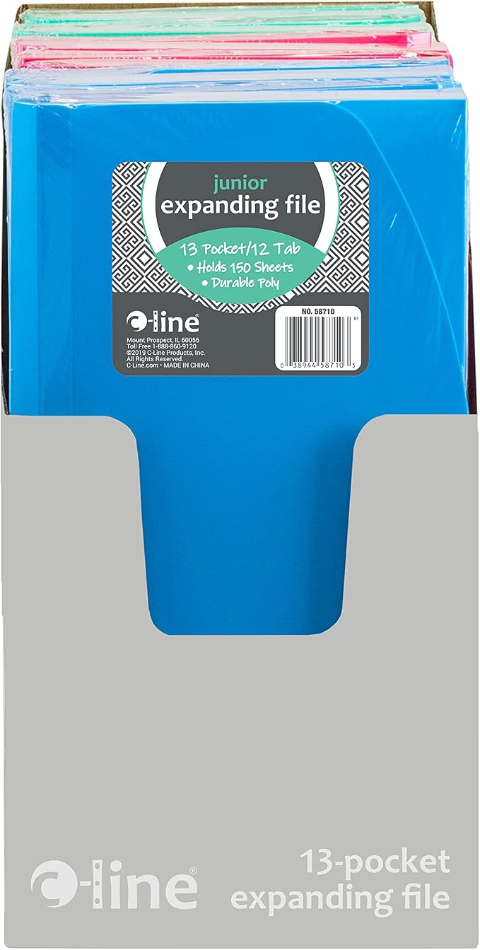 C-Line 13-Pocket Poly Expanding File, 10 x 5 Inches, Junior Size for Receipts and Checks, Includes Tabs, 1 File, Color May Vary (58710) (Pack of 12)