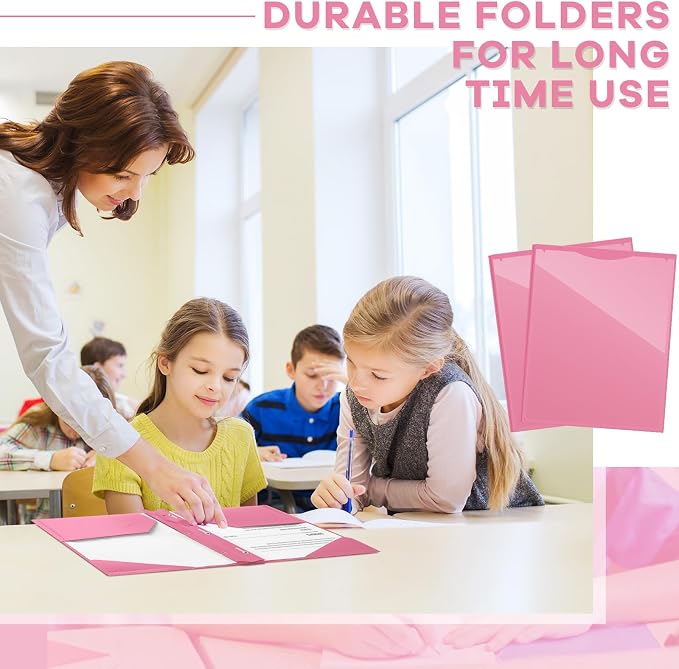 Henoyso 36 Pcs Plastic Folder with Clear Front Pocket and 3 Prong Plastic Folders with Card Slot Pocket Folders with Prongs for School Office (Pink)
