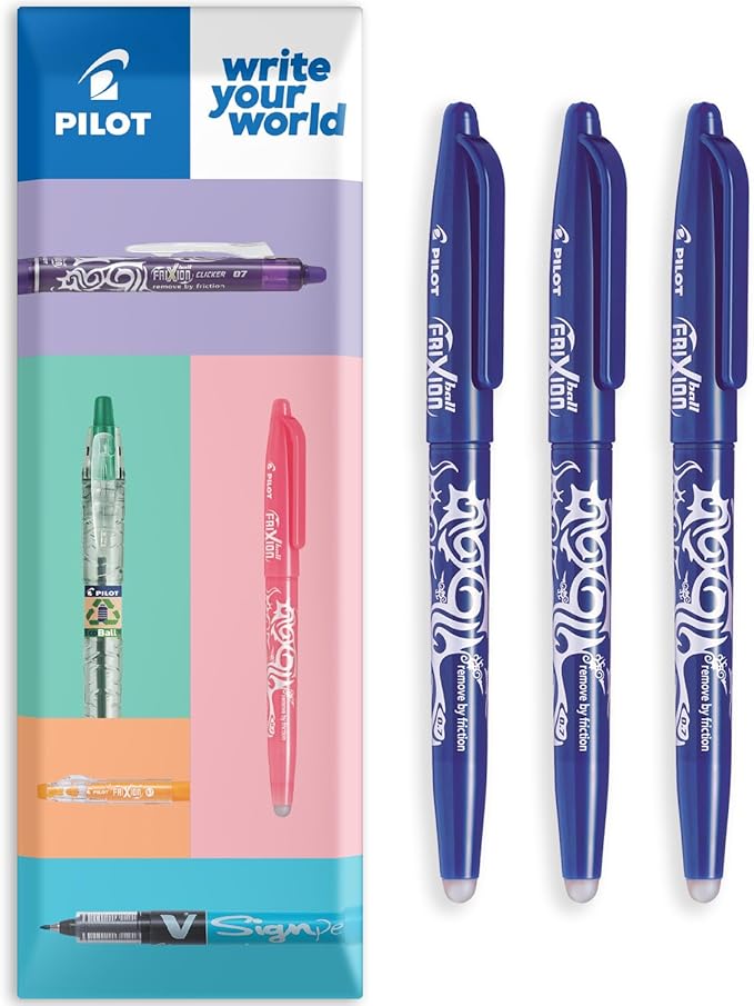 PILOT Frixion Heat/Friction Erasable Rollerball Pen FR7 - Medium Line 0.7mm Tip Nib - Pillow Pack of 3 (Blue)