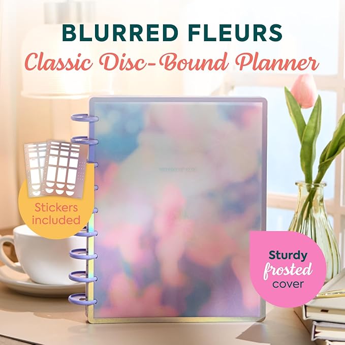 Happy Planner Disc-Bound Planner July 2026–June 2027, Includes 3 Extra Months and 2 Sticker Sheets, Classic Size, 7" x 9.25", Dashboard Layout, Blurred Fleurs