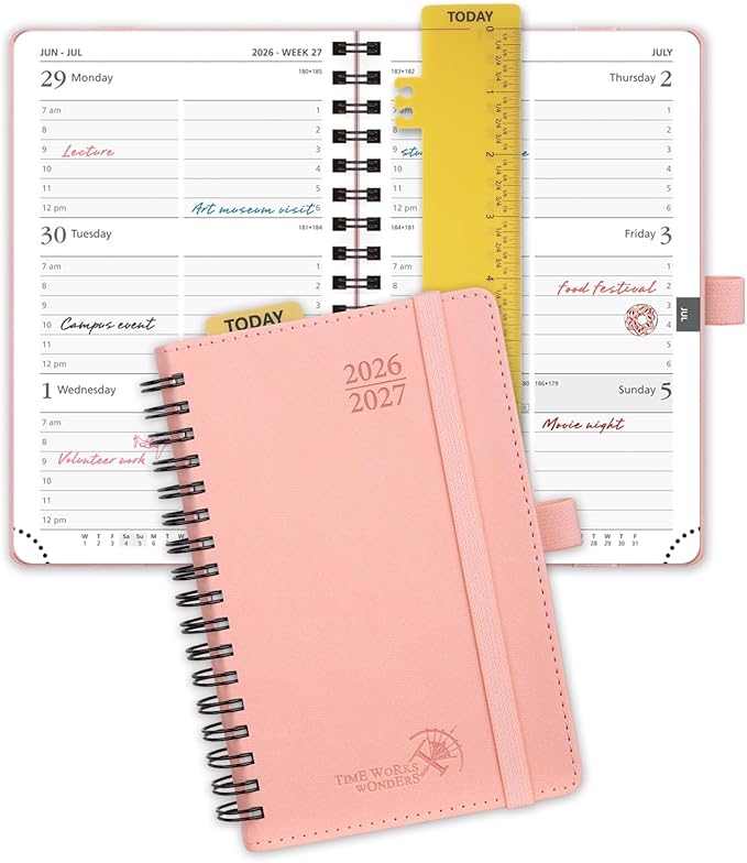 POPRUN Pocket Planner 2026-2027 (Purse Size 4'' x 6.25'') Academic Small Calendar (July 2026 - June 2027) with Hourly Time Slots, 100GSM Thick Papers, Spiral Leather Cover - Pink