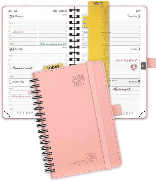 POPRUN Pocket Planner 2026-2027 (Purse Size 4'' x 6.25'') Academic Small Calendar (July 2026 - June 2027) with Hourly Time Slots, 100GSM Thick Papers, Spiral Leather Cover - Pink