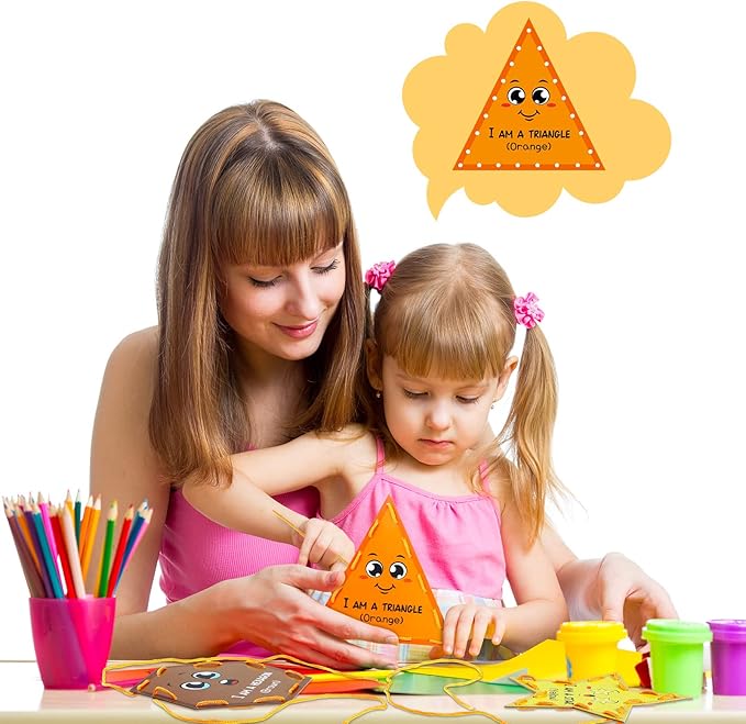 Funrous 10 Pieces Kids Recognition Lacing Cards Thick Cardboard Educational Sewing Cards Double Sided Lacing Playing Games for Children Toddler Preschool Developing Imagination Supplies (Shape)