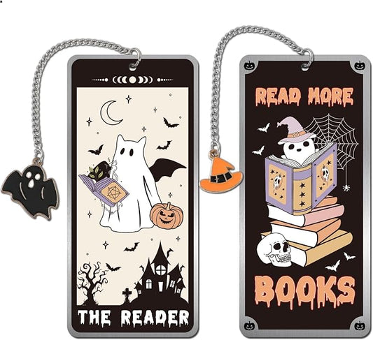 Halloween Metal Bookmarks Gifts - 2 PCs Boo Basket Stuffers Spooky Book Marks for Reading Women Men Funny Cool Page Marker for Horror Lovers Readers Bookish Kids School Office Accessories