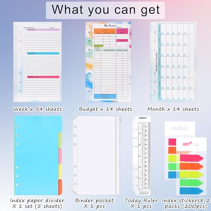 Toplive 7 Pack A6 Planner Inserts Monthly Weekly Planner Refills Expense Budget Sheets with Money Cash Envelopes Divider Today Ruler Stickers for A6 Binder Cover Organizer, Colorful