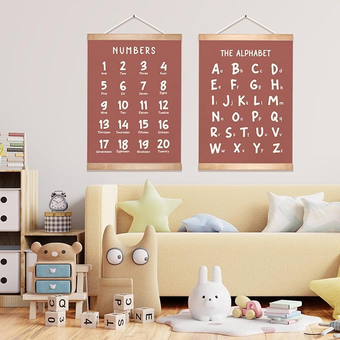 Alphabet and Numbers Educational Chart Set of 2 for Classroom Decor,Colorful Educational Poster for Toddlers 1-3,Toddler Learning Poster for Ages 3-5 for Nursery Playroom,Classroom Must Haves 14x18.5Inch(Brown)