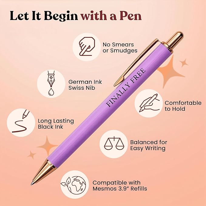 MESMOS 3pcs High End Luxury Happy Divorce Gifts for Women, Strong Woman Gifts, Gift to Cheer Someone up Women, Break up Gift for woman, Boss, & Friends. German-Ink & 1mm Swiss-Tip Motivational Pens