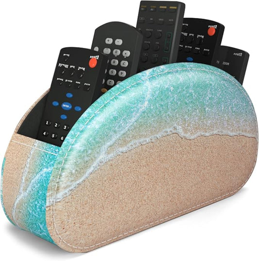 Remote Control Holder, PU Leather Remote Caddy Desktop Organizer with 5 Spacious Compartments for TV Remotes/Media Controllers/Office Supplies (Sandbeach)