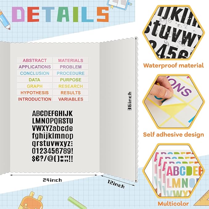 Teling 40 Pcs Trifold Poster Board 36" x 48" Large Science Fair Display Board Lightweight Fold Presentation Paperboard 8 Trifold Display Paperboard and 16 Letter Stickers and 16 Pcs Science Titles