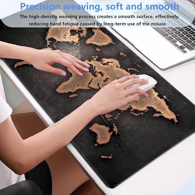 World Map Gaming Desk Pad XXL Large Mouse Pad Vintage Style Full Desk Mat Extended Keyboard Pad with Stitched Edges, Non-Slip Base (31.5" x 15.7")