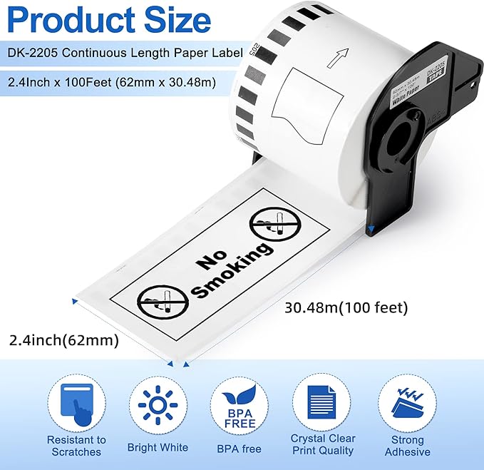Colorty Compatible with Brother DK-2205 Continuous Paper Label Rolls 2.4" x 100'(62mm x 30.48m) for Brother QL Label Printers QL-800 810W 820 820NWB 700 710W 500 570 600 1100nwb-6 Rolls + 1 Frame