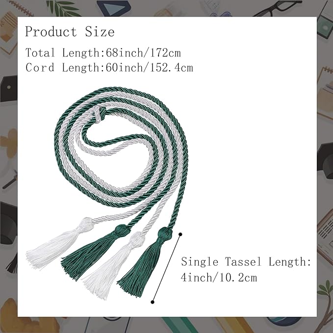 Graduation Double Honor Cords with Tassels Braided Academic Ropes for High School College Ceremony 68 Inch (Emerald Green+White)