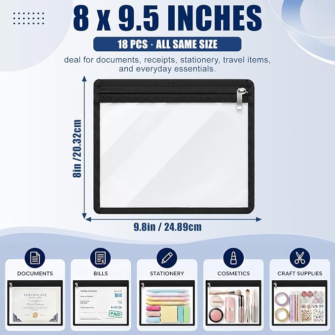 Ireer 18 Pcs Clear Zipper Pouches PVC Waterproof Pouch Bags Transparent Zipper Pouch Storage Bags Multipurpose for Organizing Travel Cosmetics Document File (Black,8 x 9.8 Inch)