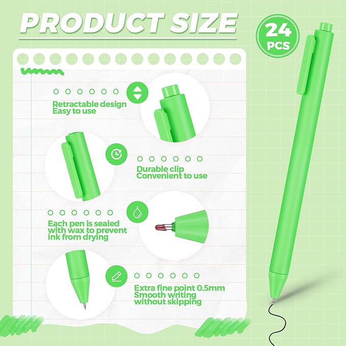 Cholemy 24 Pack Retractable Pens Bulk Pastel Gel Ink Pens 0.5mm Fine Point Tip Black Ink with Grip Smooth Writing for Journaling Note Taking School Supplies(Green)