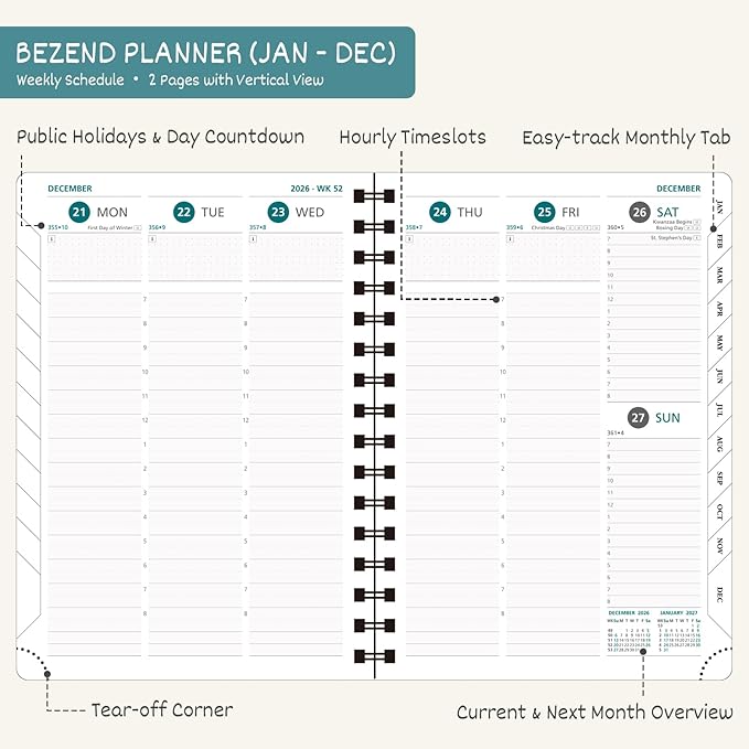 BEZEND 2026 Planner Weekly and Monthly (8.5" x 11" Spiral) Daily Calendar with Hourly Timeslots & Tab (Jan-Dec) Note & Expenses, Pen Holder, Inner Pocket, Vegan Leather Softcover - Blueberry
