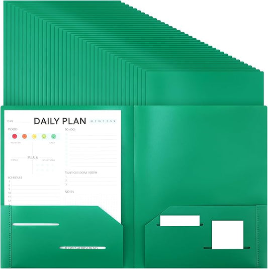 Fulmoon 48 Pack Plastic Folders with 2 Pockets Bulk 11 x 9 Inch Heavy Duty File Pocket Folders and 4 Card Slots Fit Letter Size Paper Cards for Back to School Office Home Supply(Green)