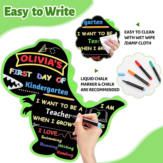 First and Last Day of School Board Reusable, Back to School Chalkboard Sign, Double Sided Preschool Kindergarten Signs for Kids Girls Boys (Cute Dinosaur)