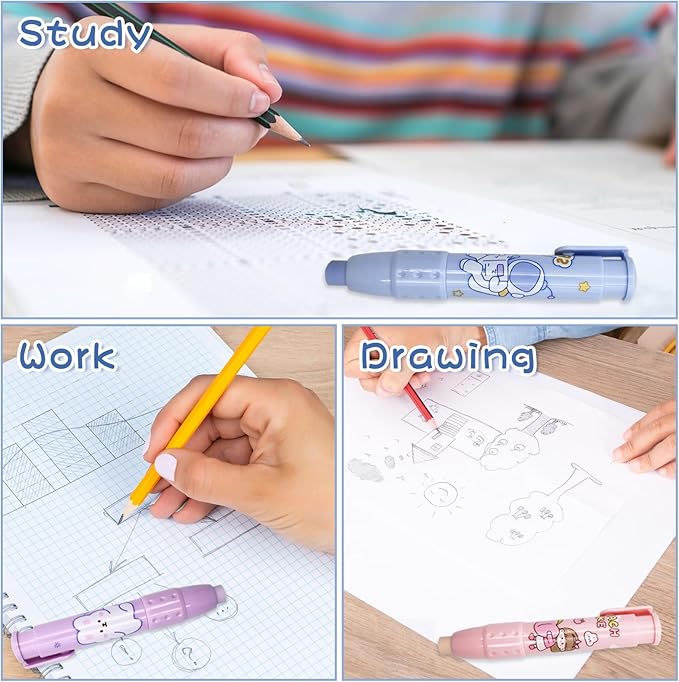 Cute Pencil Erasers, Kids Retractable Erasers with Refills, Standard Pen-Style Erasers, Fun Click Erasers, Kawaii Japanese Stationery Supplies (Purple)