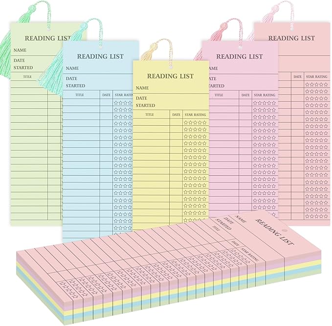 50 Pcs 5 Color Reading List Bookmarks with 10 Bookmark Tassels 3x8 Inch Bulk Reading Log Book Tracker Bookmarks for Book Lovers, Students, Teachers (Pastel)