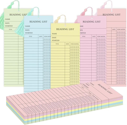 50 Pcs 5 Color Reading List Bookmarks with 10 Bookmark Tassels 3x8 Inch Bulk Reading Log Book Tracker Bookmarks for Book Lovers, Students, Teachers (Pastel)