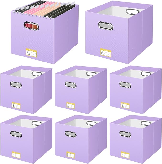 BALEINE File Organizer Box, Cardboard File Folder Organizer with Handle for Letter Size, Portable Collapsible Hanging Filing Box for Home Office Document Storage (8 Pack, Large Lavender)