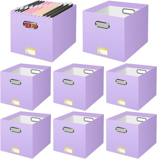 BALEINE File Organizer Box, Cardboard File Folder Organizer with Handle for Letter Size, Portable Collapsible Hanging Filing Box for Home Office Document Storage (8 Pack, Large Lavender)