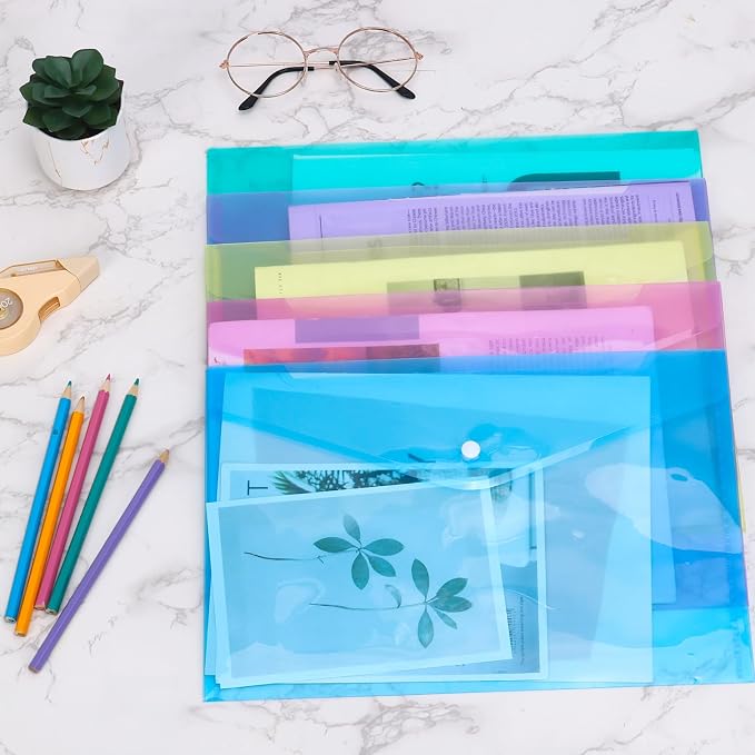 EOOUT 5pcs Plastic Envelopes, Plastic Folders for Documents, Poly Folders with Snap Closure, A4 Size, Letter Size, for School and Office Supplies