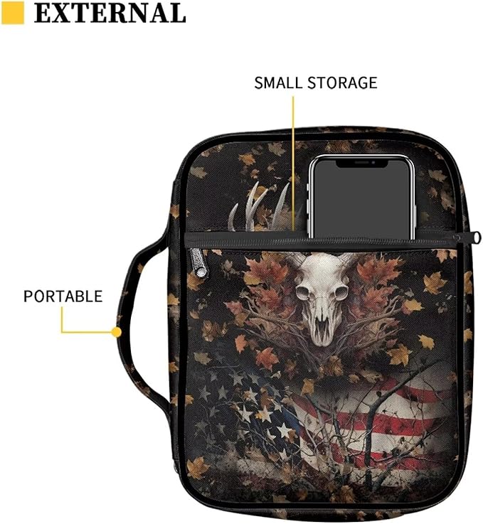 Suobstales Deer Skull Print Bible Covers for Women Men American Flag Design Bible Case Christian Bible Bag with Handle and Zippered Pocket Carrying Book Case