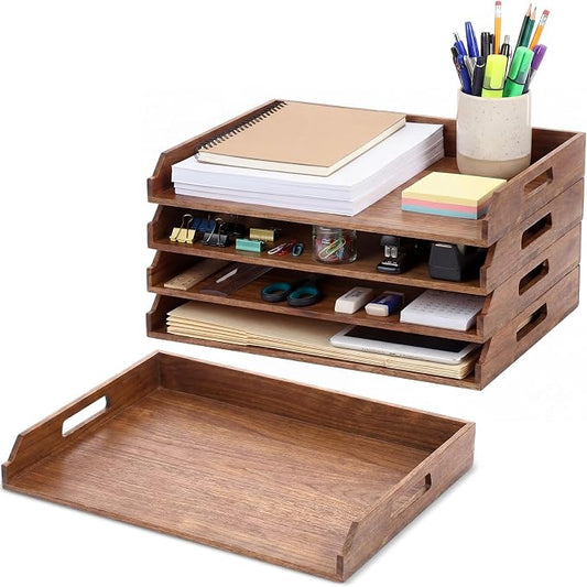 AceOrbit 4 Pcs Stackable Paper Tray Acacia Wood Desk Organizer Letter Tray 4 Tier Wooden File Organizer Desk Shelf for Documents, Letter Sorter, Envelopes and Magazine Holder